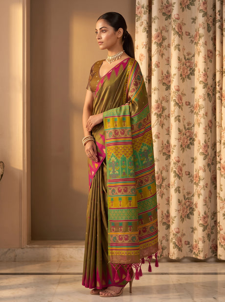 MIMOSA Olive Berhampuri Saree — pose 3 styling detail