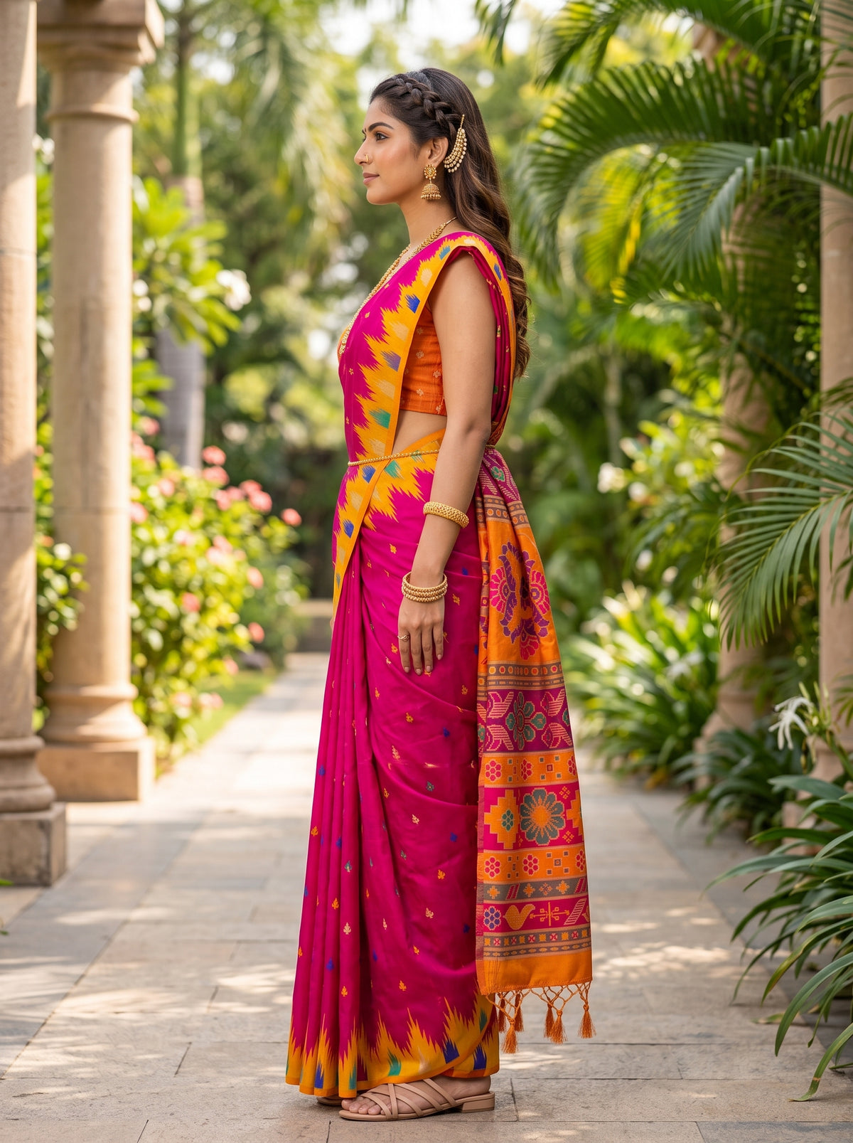 MIMOSA Rani Berhampuri Saree — pose 3 styling detail