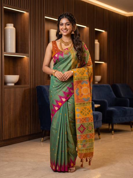 MIMOSA Sapphire Berhampuri Crepe Saree — AI Model lifestyle