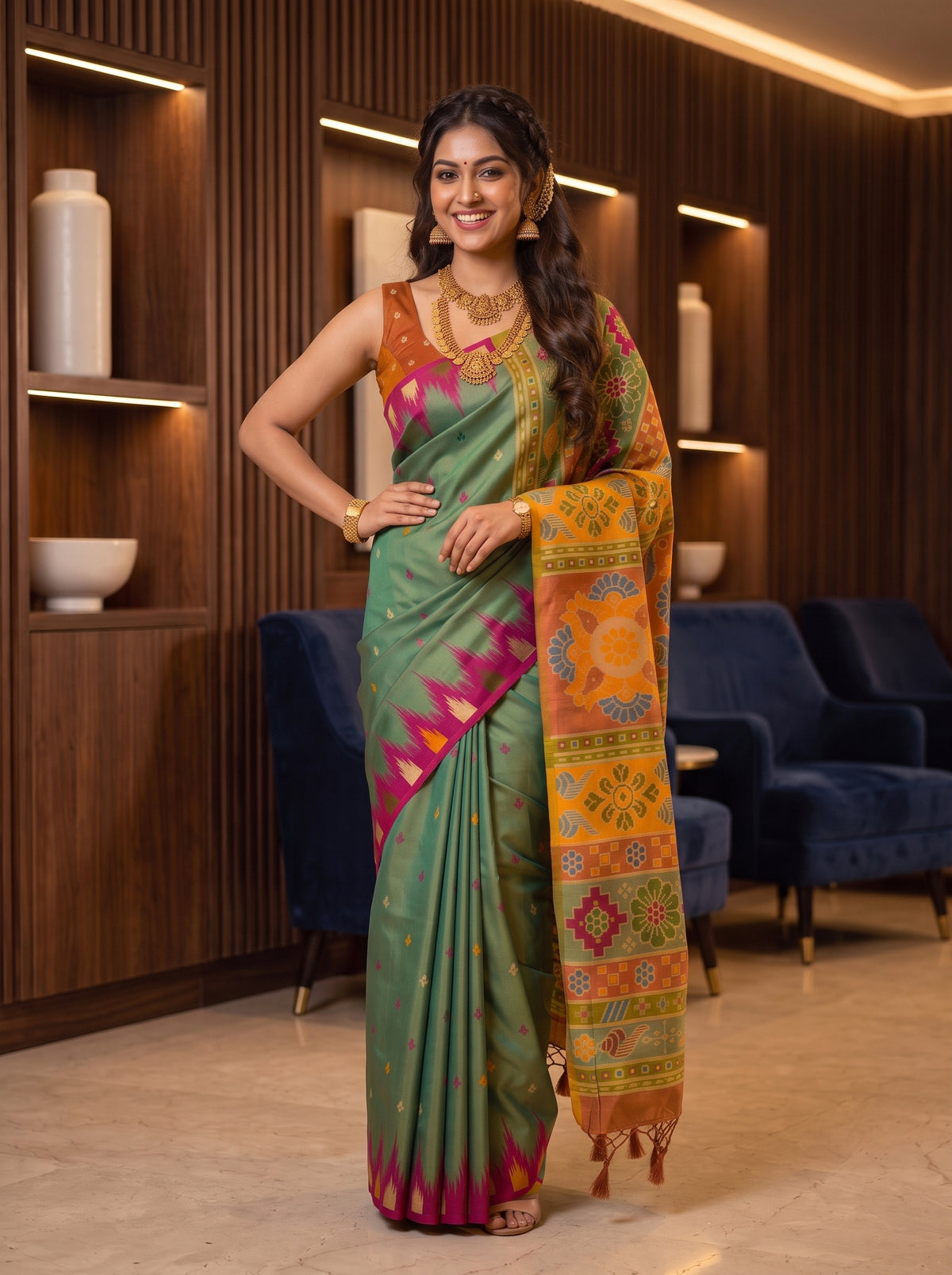 MIMOSA Sapphire Berhampuri Saree — pose 4 styling detail