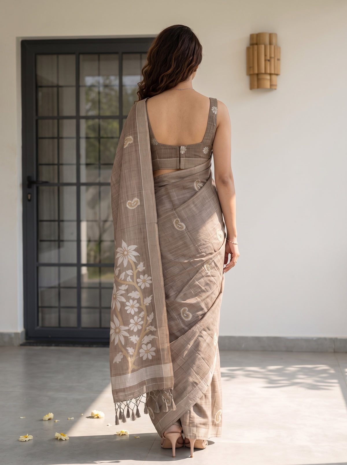 MIMOSA Chiku Banarasi Saree — pose 2 styling detail