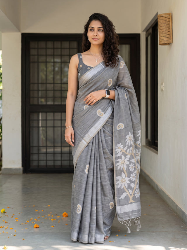 MIMOSA Grey Banarasi Saree — front view on mannequin