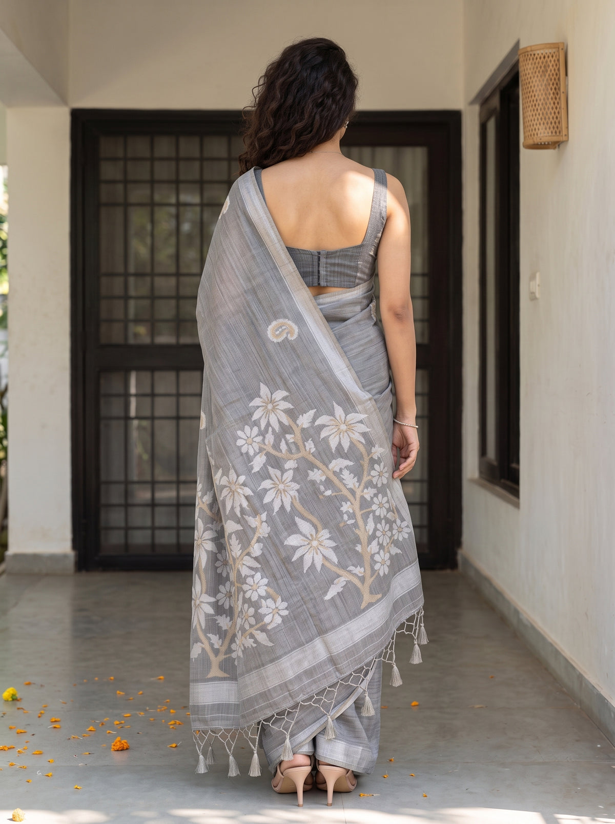 MIMOSA Grey Banarasi Saree — pose 2 styling detail