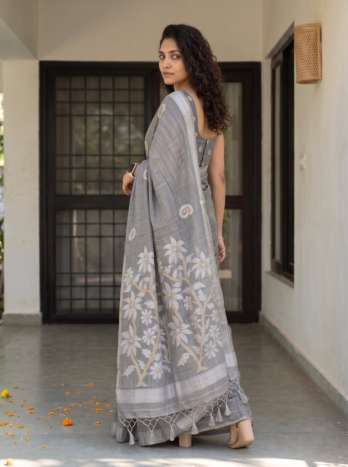 MIMOSA Grey Banarasi Saree — pose 5 styling detail
