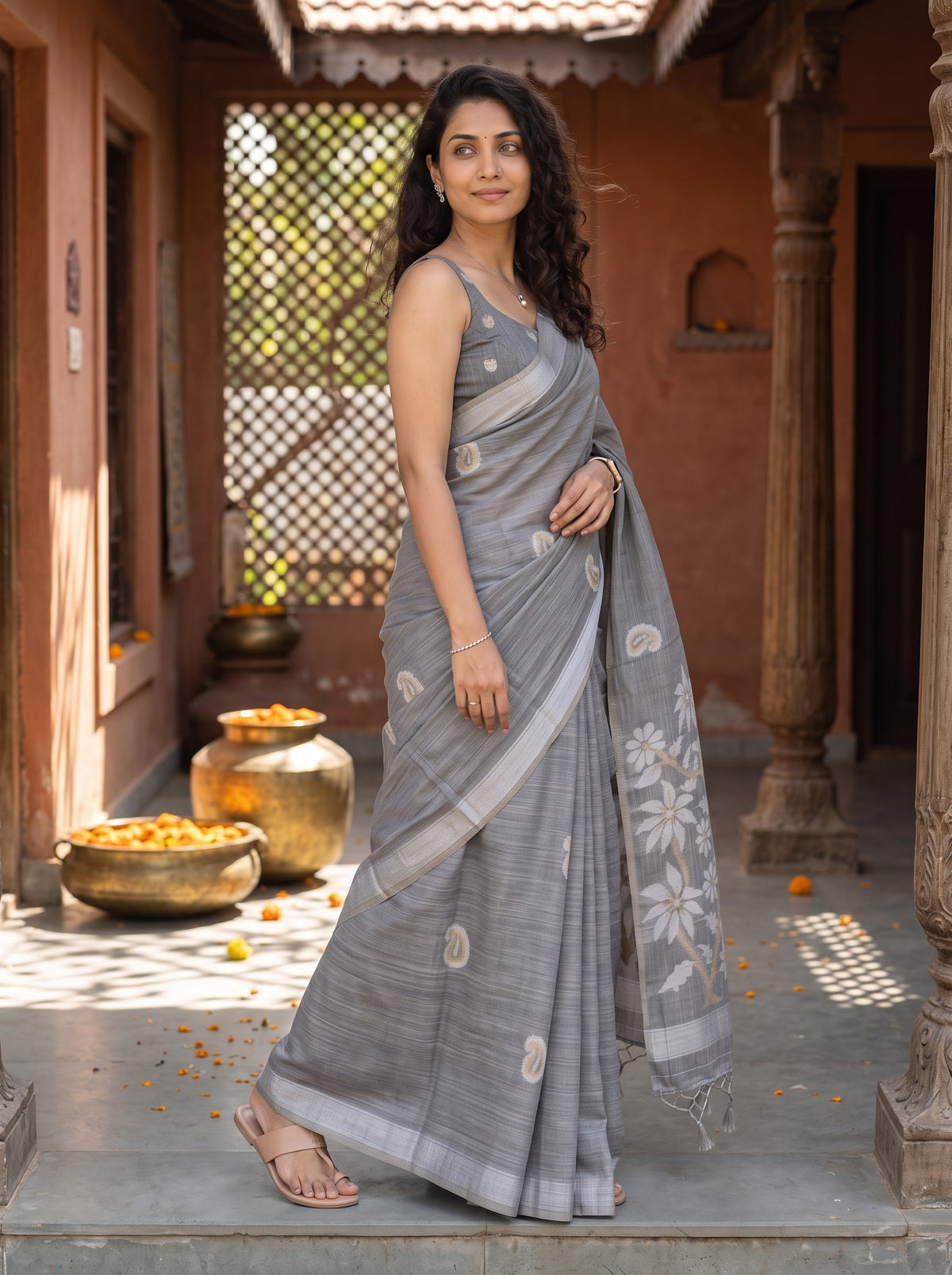 MIMOSA Grey Banarasi Saree — pose 9 styling detail
