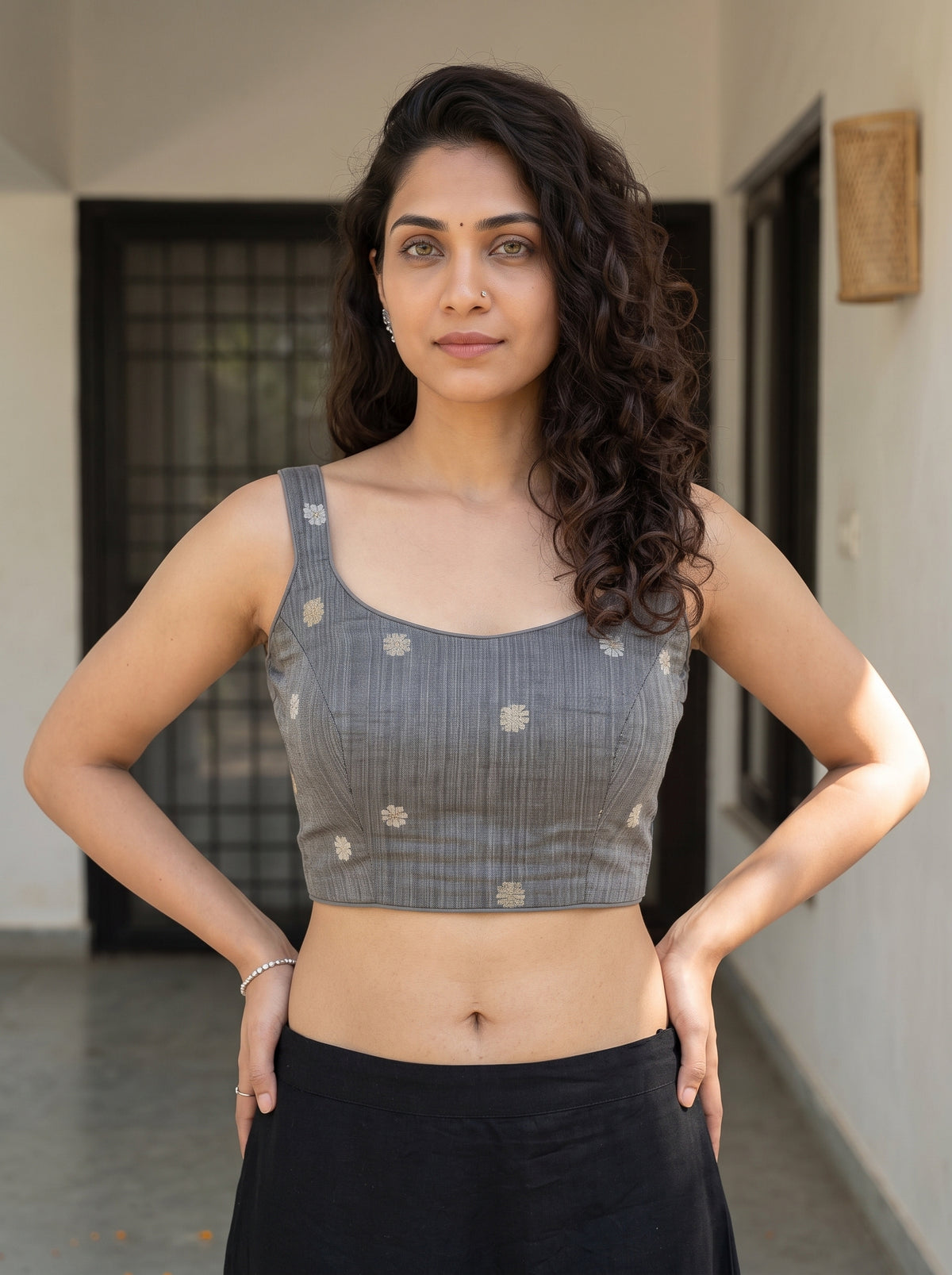 MIMOSA Grey Banarasi Saree — blouse close-up