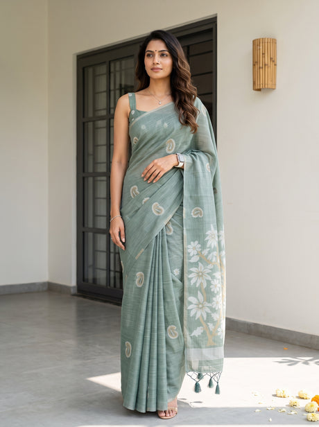 MIMOSA Rama Banarasi Saree — front view on mannequin