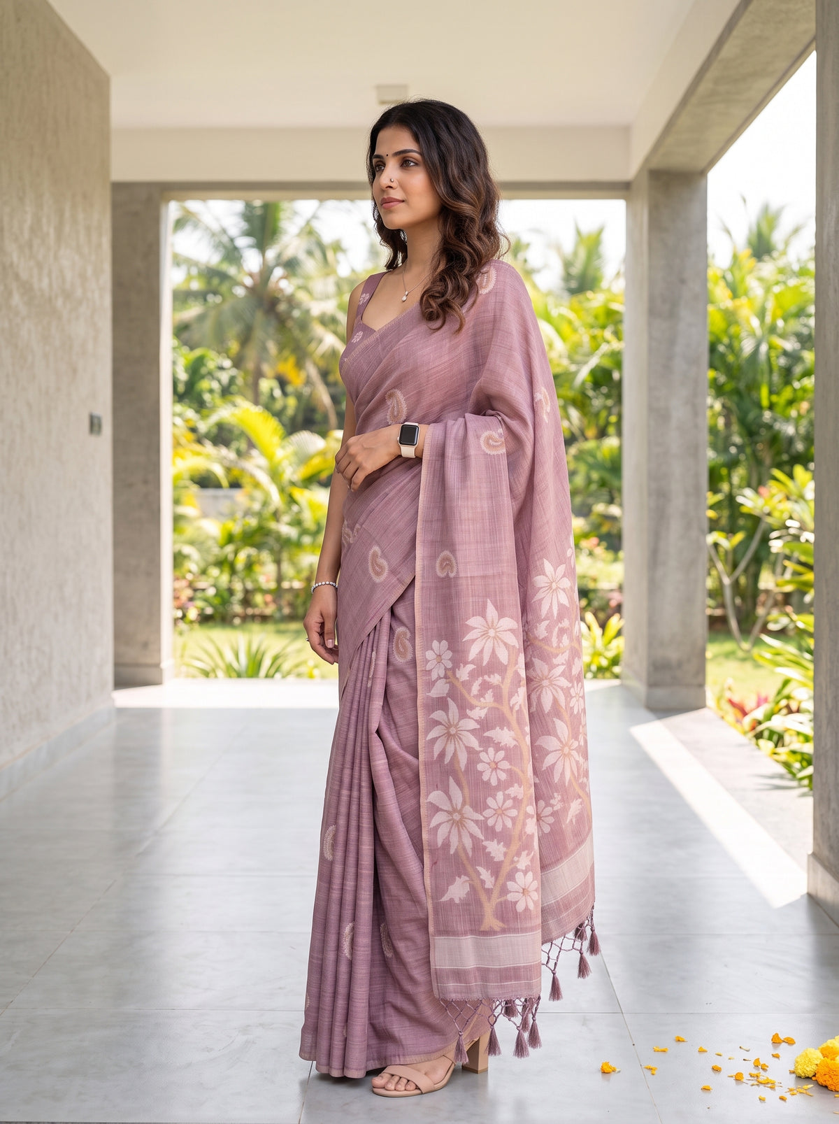 MIMOSA Wine Banarasi Saree — pose 3 styling detail