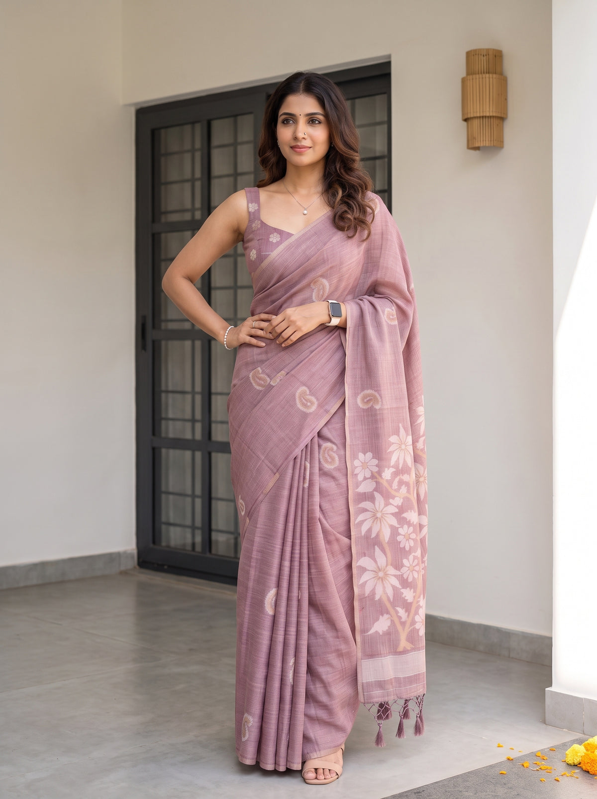 MIMOSA Wine Banarasi Saree — pose 4 styling detail