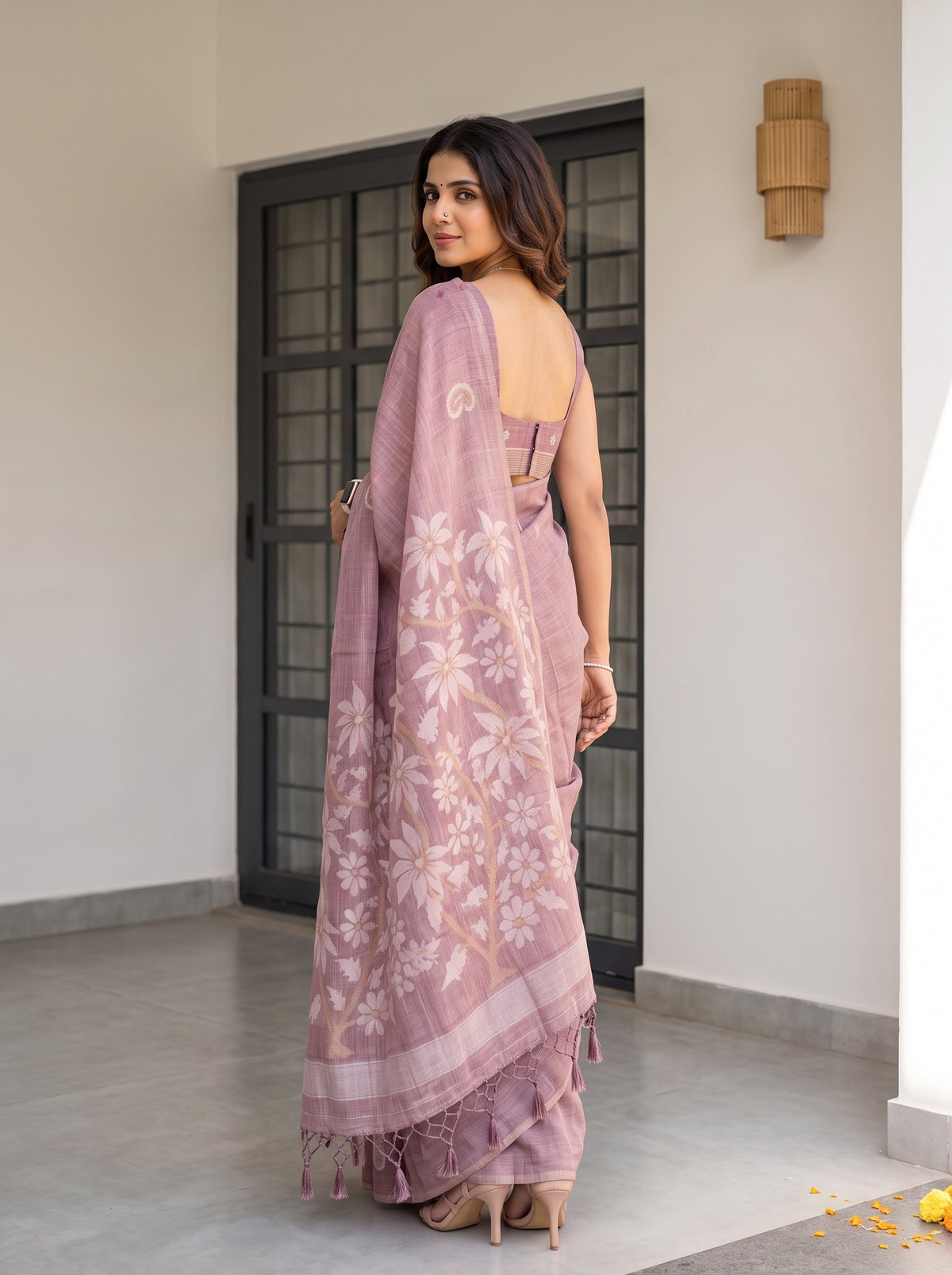 MIMOSA Wine Banarasi Saree — pose 7 styling detail