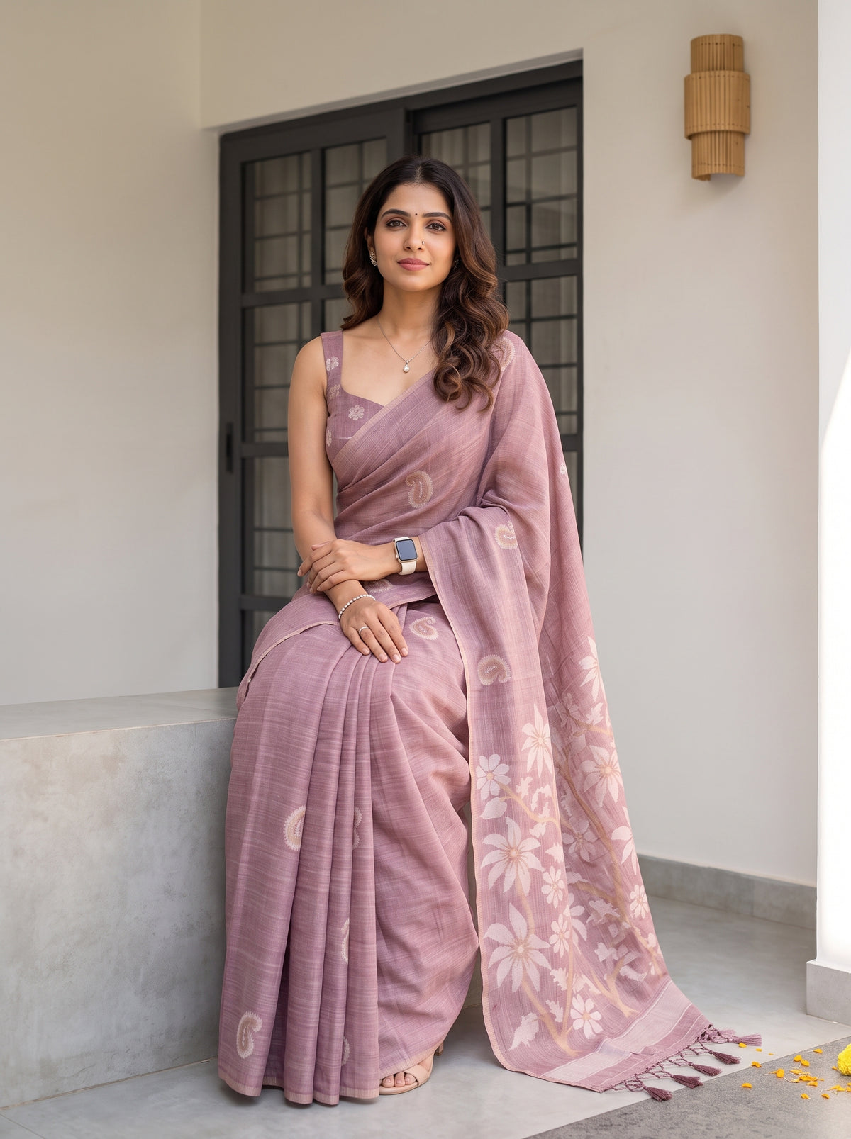 MIMOSA Wine Banarasi Saree — pose 8 styling detail