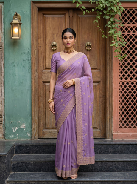 MIMOSA Lavender Banarasi Chiffon Saree — AI Model lifestyle pose