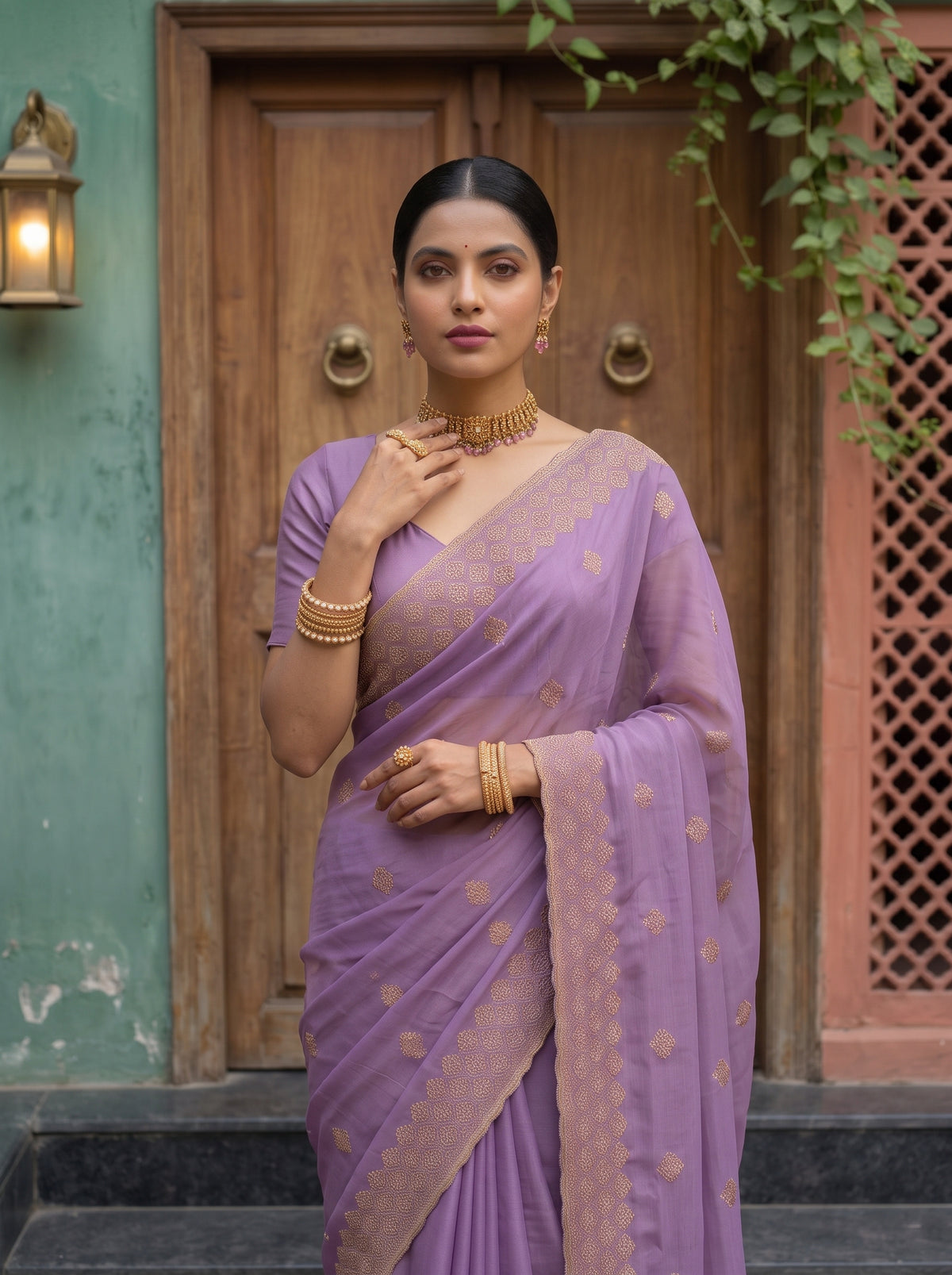 MIMOSA Lavender Banarasi Saree — pose 10 styling detail