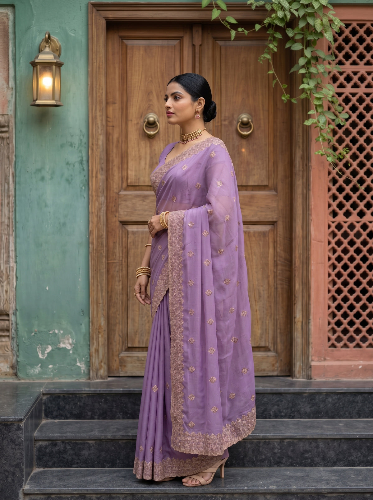 MIMOSA Lavender Banarasi Saree — pose 3 styling detail