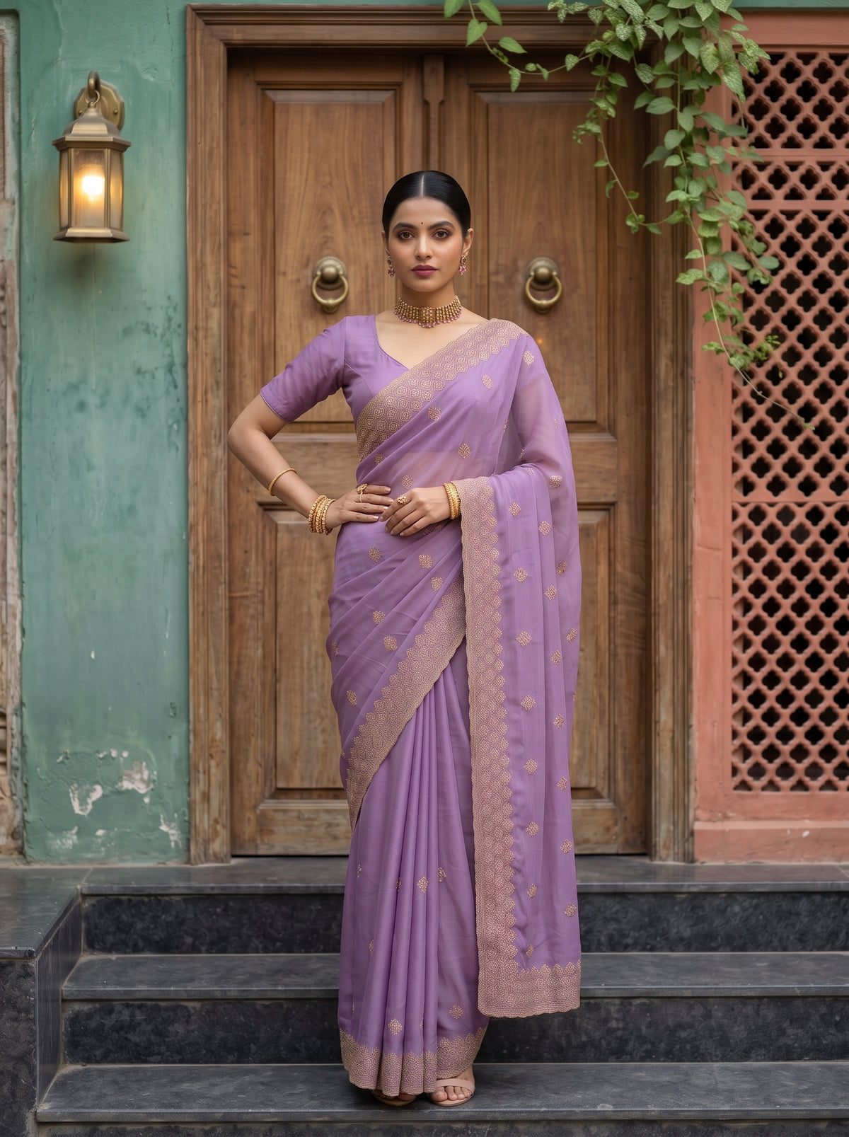 MIMOSA Lavender Banarasi Saree — pose 4 styling detail