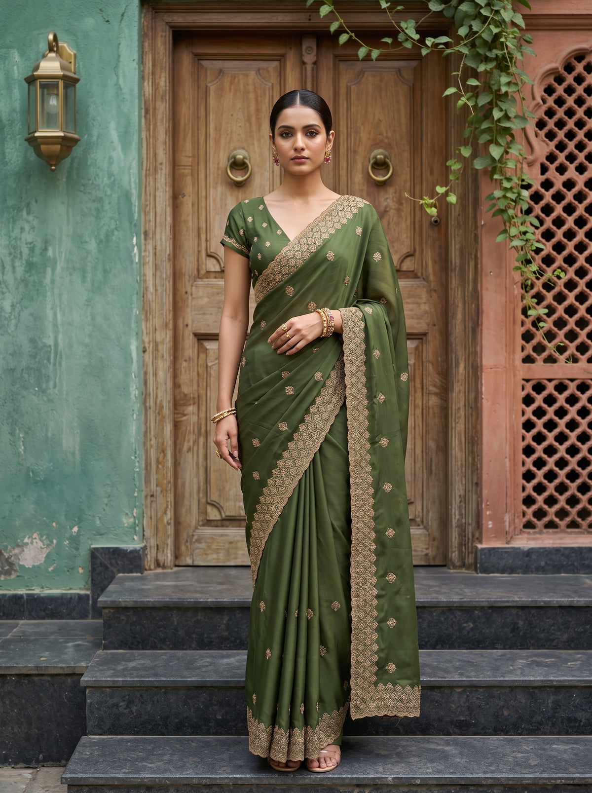MIMOSA Olive Banarasi Chiffon Saree — AI Model lifestyle pose