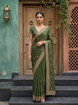 MIMOSA Olive Banarasi Chiffon Saree — AI Model lifestyle pose