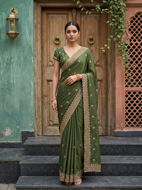 MIMOSA Olive Banarasi Chiffon Saree — AI Model lifestyle pose