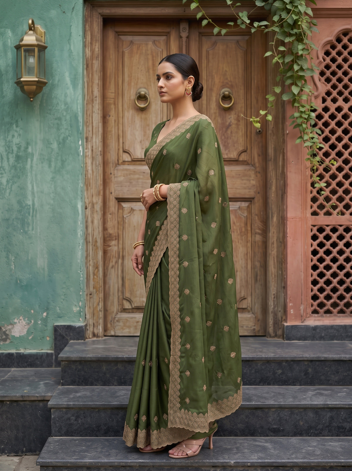 MIMOSA Olive Banarasi Saree — pose 3 styling detail