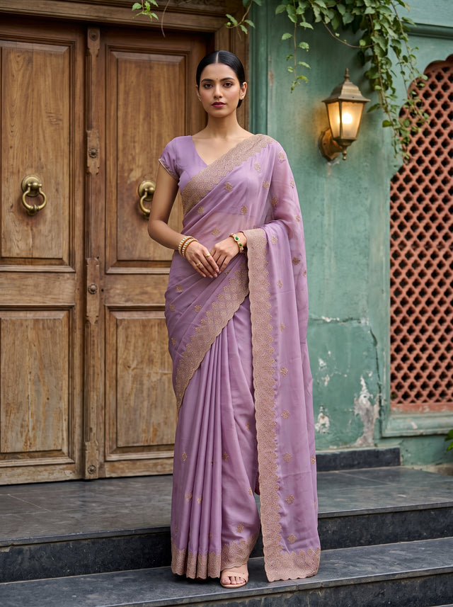 MIMOSA Pink Banarasi Chiffon Saree — AI Model lifestyle pose