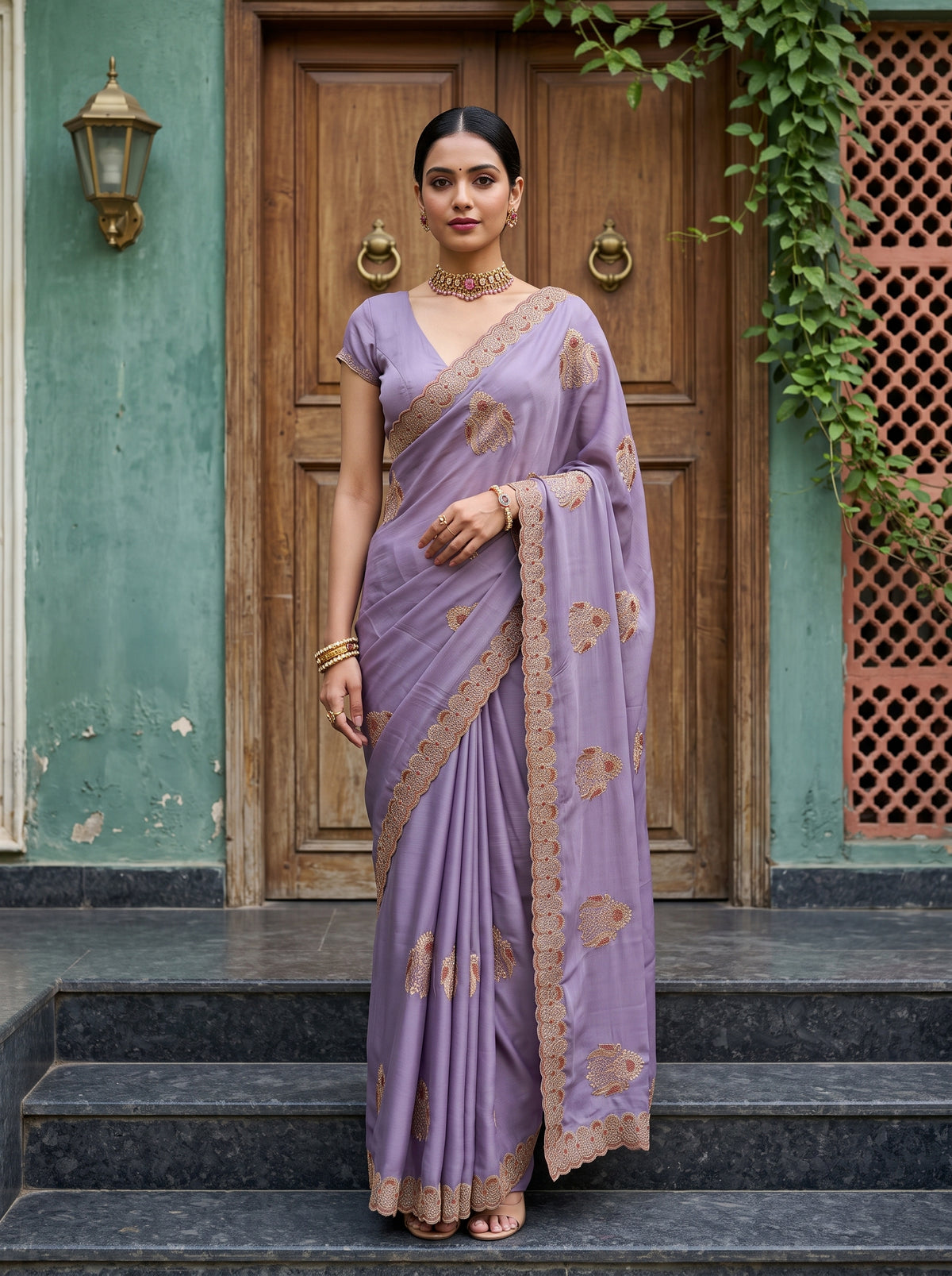 MIMOSA Lavender Banarasi Chiffon Saree — AI Model lifestyle pose