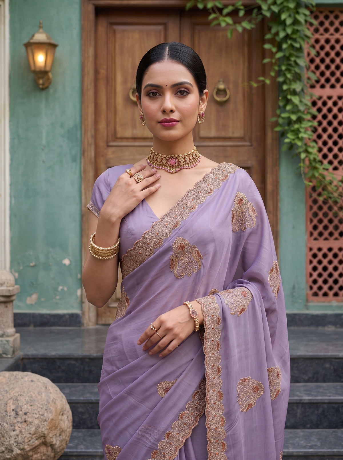 MIMOSA Lavender Banarasi Chiffon Saree — pose 10 styling detail