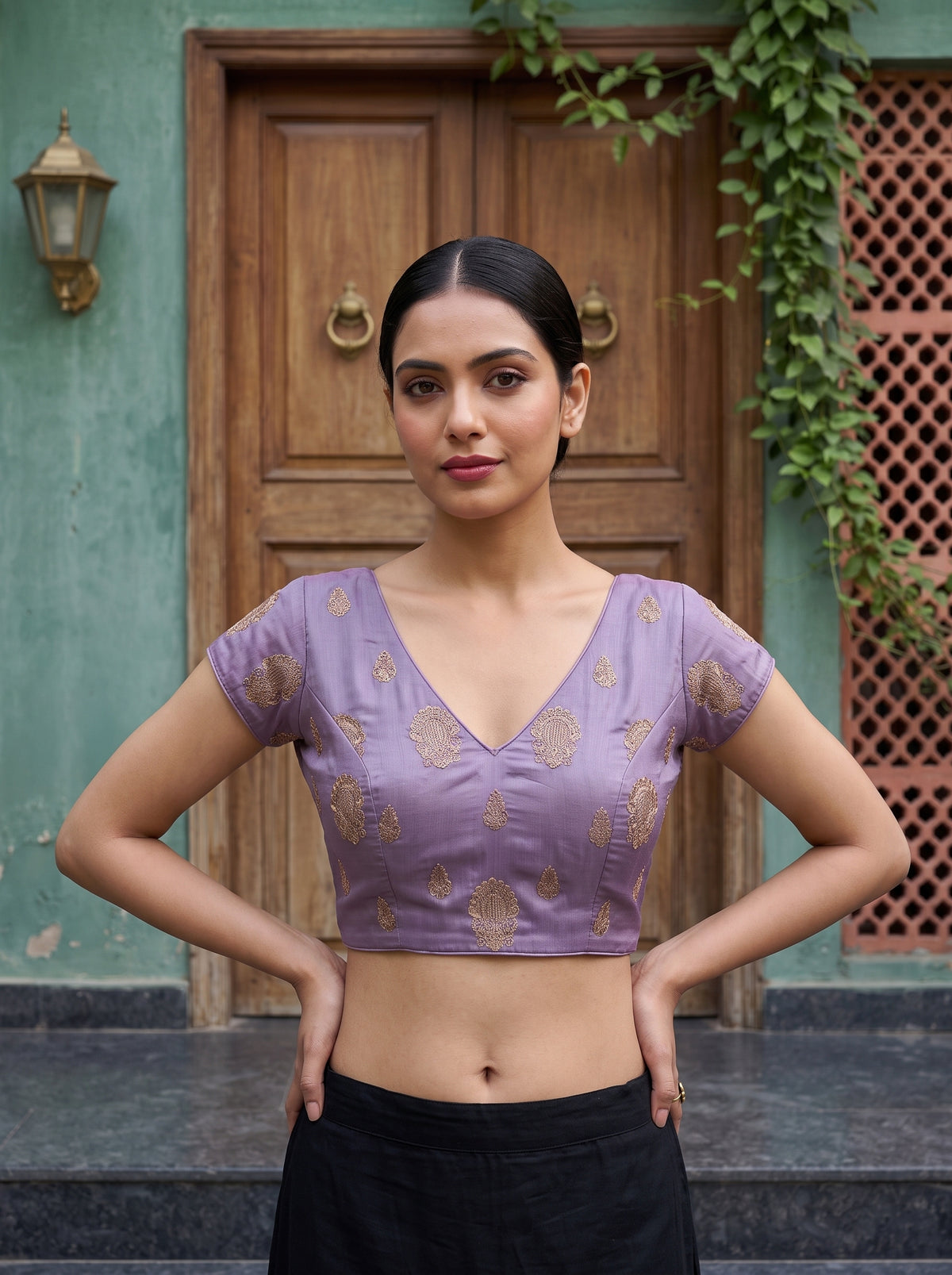 MIMOSA Lavender Banarasi Chiffon Saree — blouse close-up