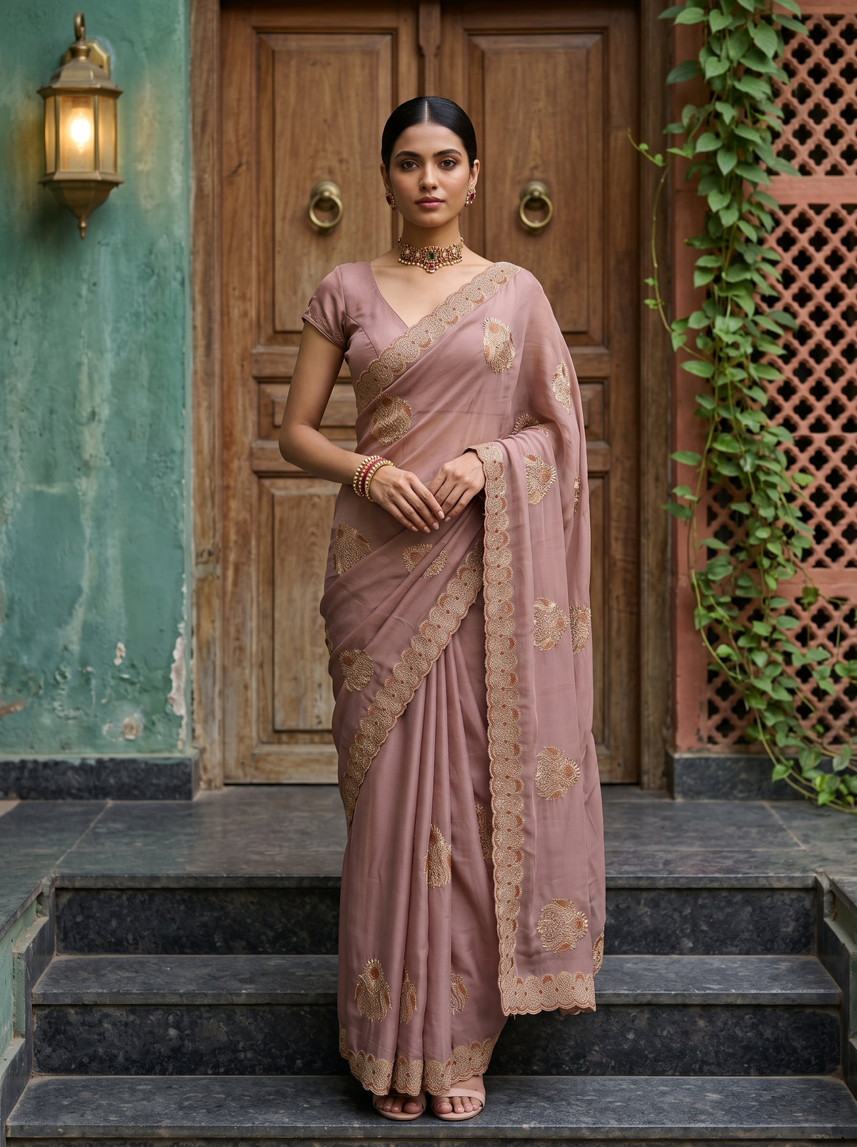 MIMOSA Peach Banarasi Chiffon Saree — AI Model lifestyle pose