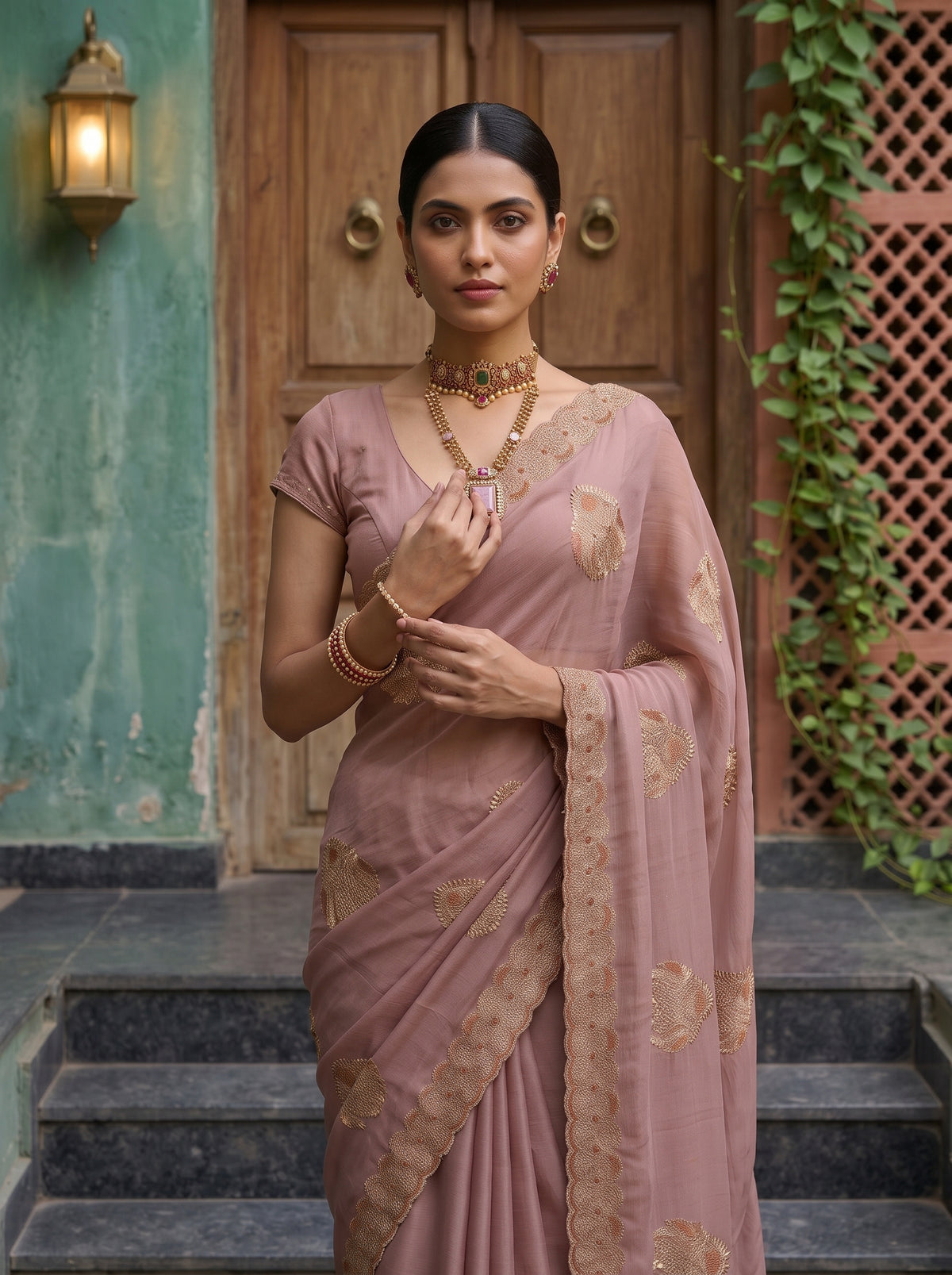MIMOSA Peach Banarasi Chiffon Saree — pose 10 styling detail
