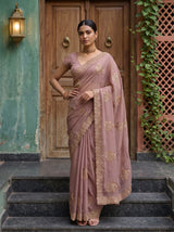 MIMOSA Peach Banarasi Chiffon Saree — pose 4 styling detail