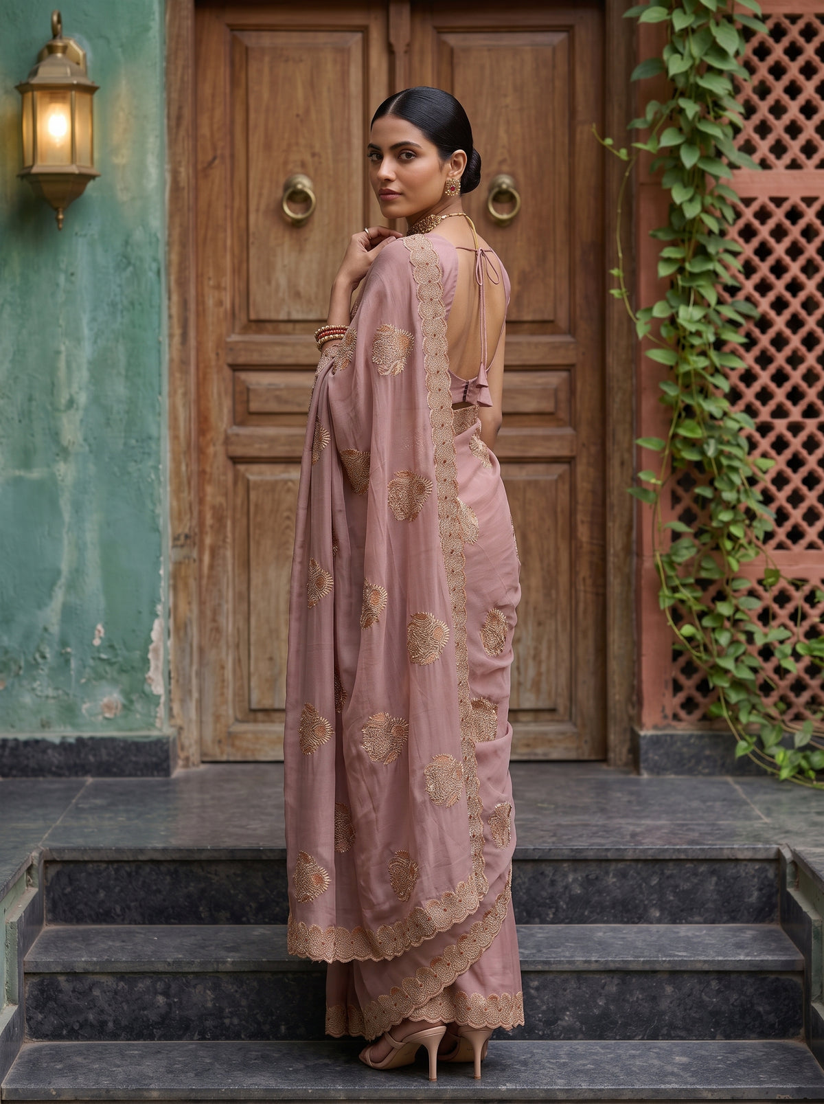 MIMOSA Peach Banarasi Chiffon Saree — pose 7 styling detail