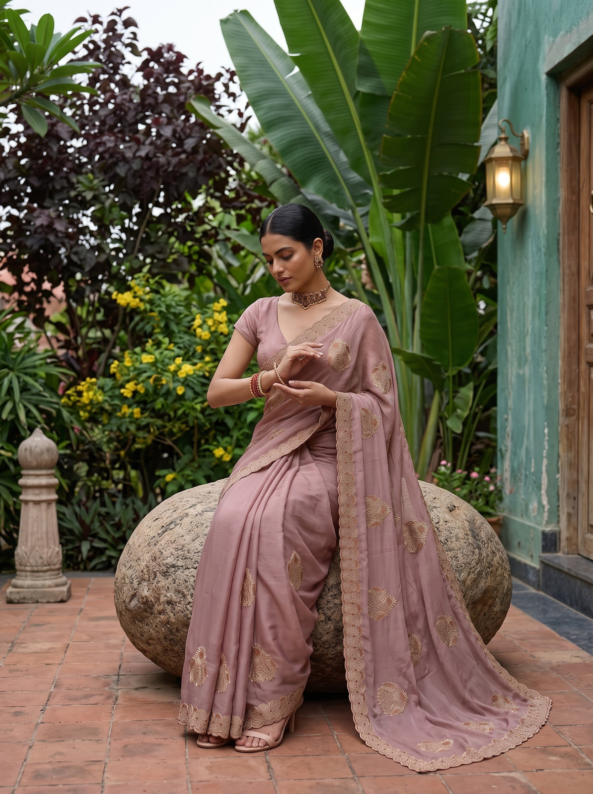 MIMOSA Peach Banarasi Chiffon Saree — pose 8 styling detail
