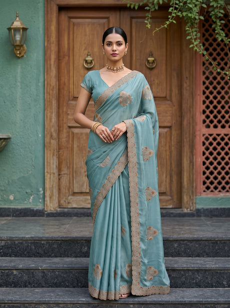 MIMOSA Rama Banarasi Chiffon Saree — AI Model lifestyle pose