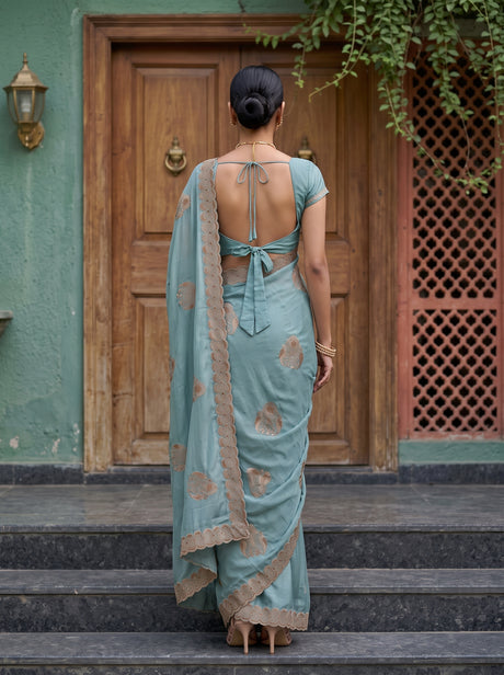 MIMOSA Rama Banarasi Chiffon Saree — Saree pallu and body shot