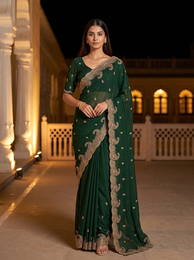 MIMOSA Bottle Green Banarasi Saree — front view on mannequin