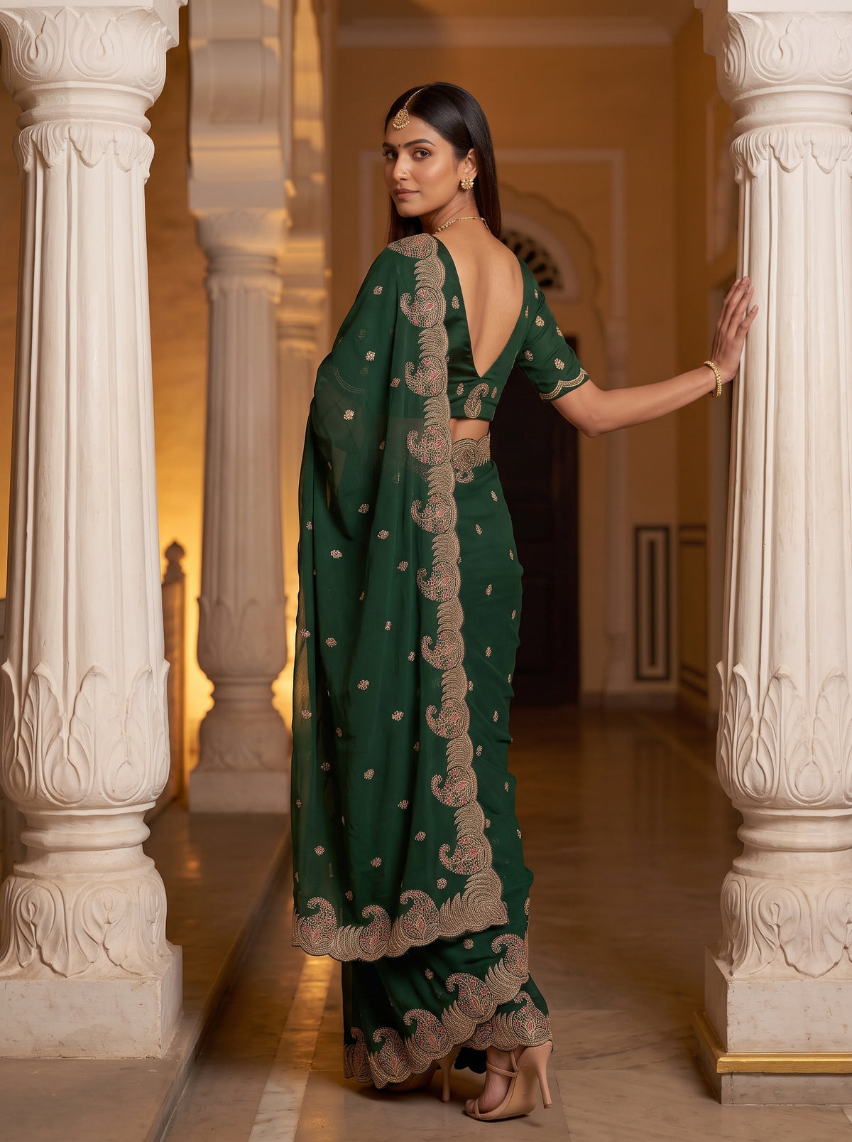 MIMOSA Bottle Green Banarasi Saree — pose 9 styling detail