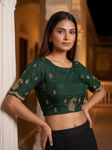 MIMOSA Bottle Green Banarasi Saree — blouse close-up