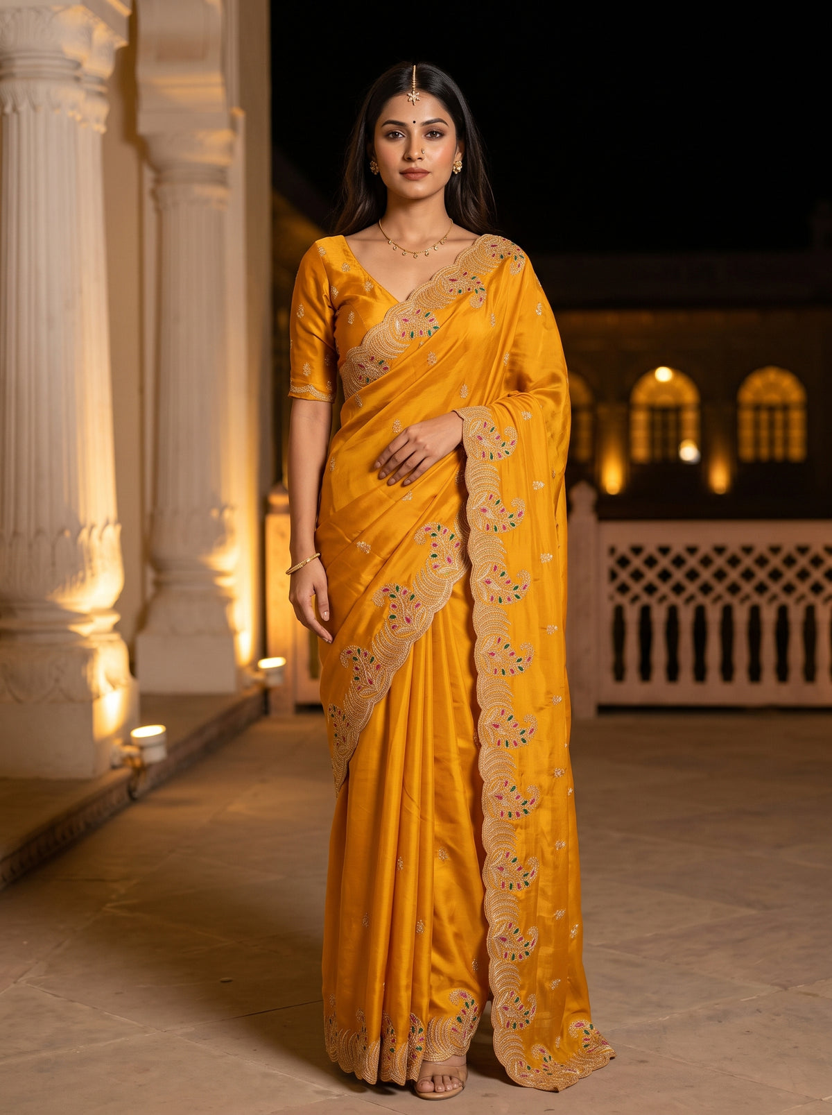 MIMOSA Gold Banarasi Saree — front view on mannequin