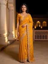 MIMOSA Gold Banarasi Saree — front view on mannequin