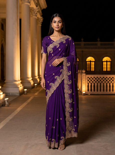 MIMOSA Purple Banarasi Saree — front view on mannequin