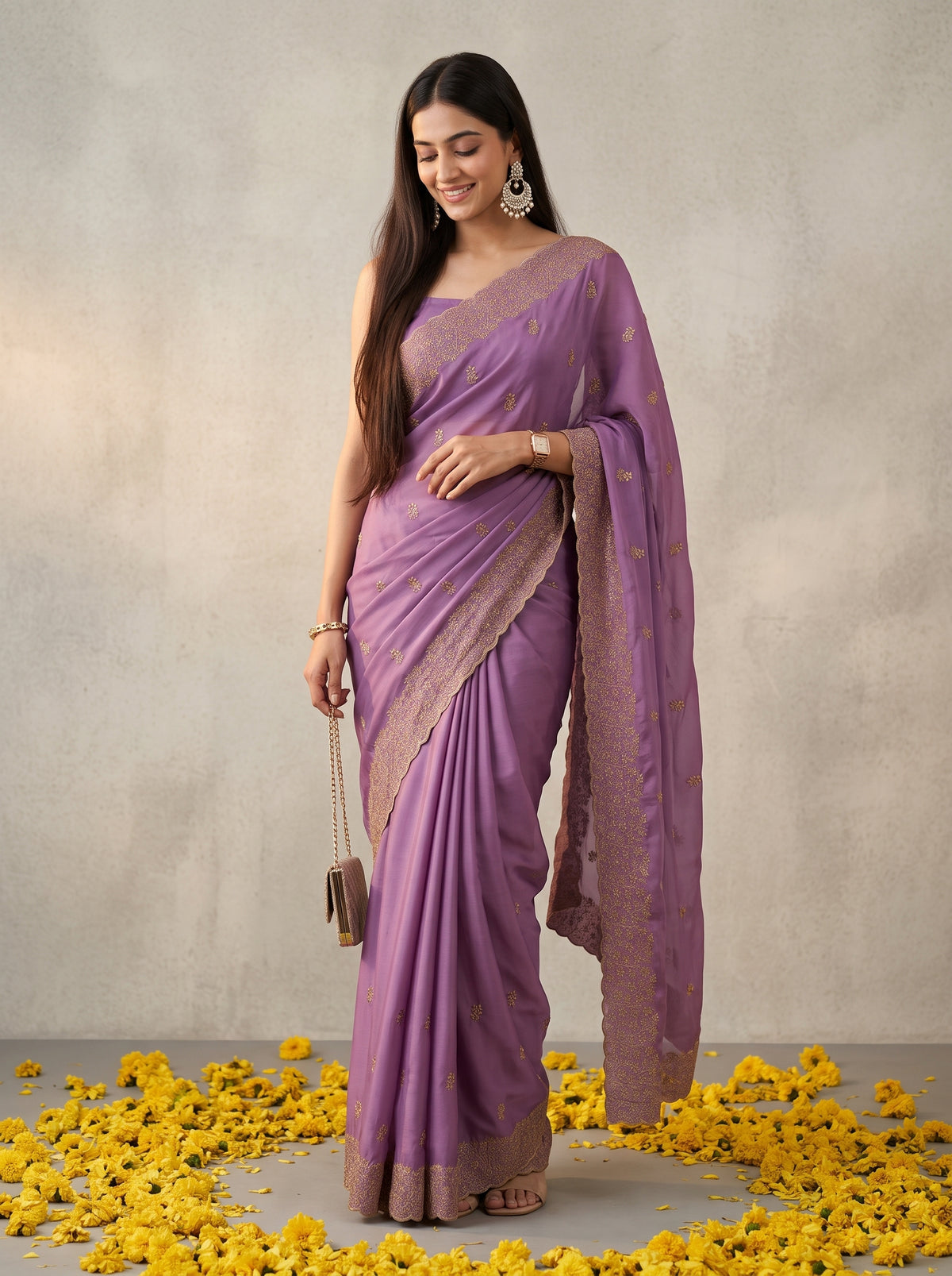 MIMOSA Lavender Banarasi Chiffon Saree — AI Model lifestyle pose 1