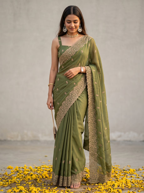 MIMOSA Olive Banarasi Chiffon Saree — AI Model lifestyle pose 1