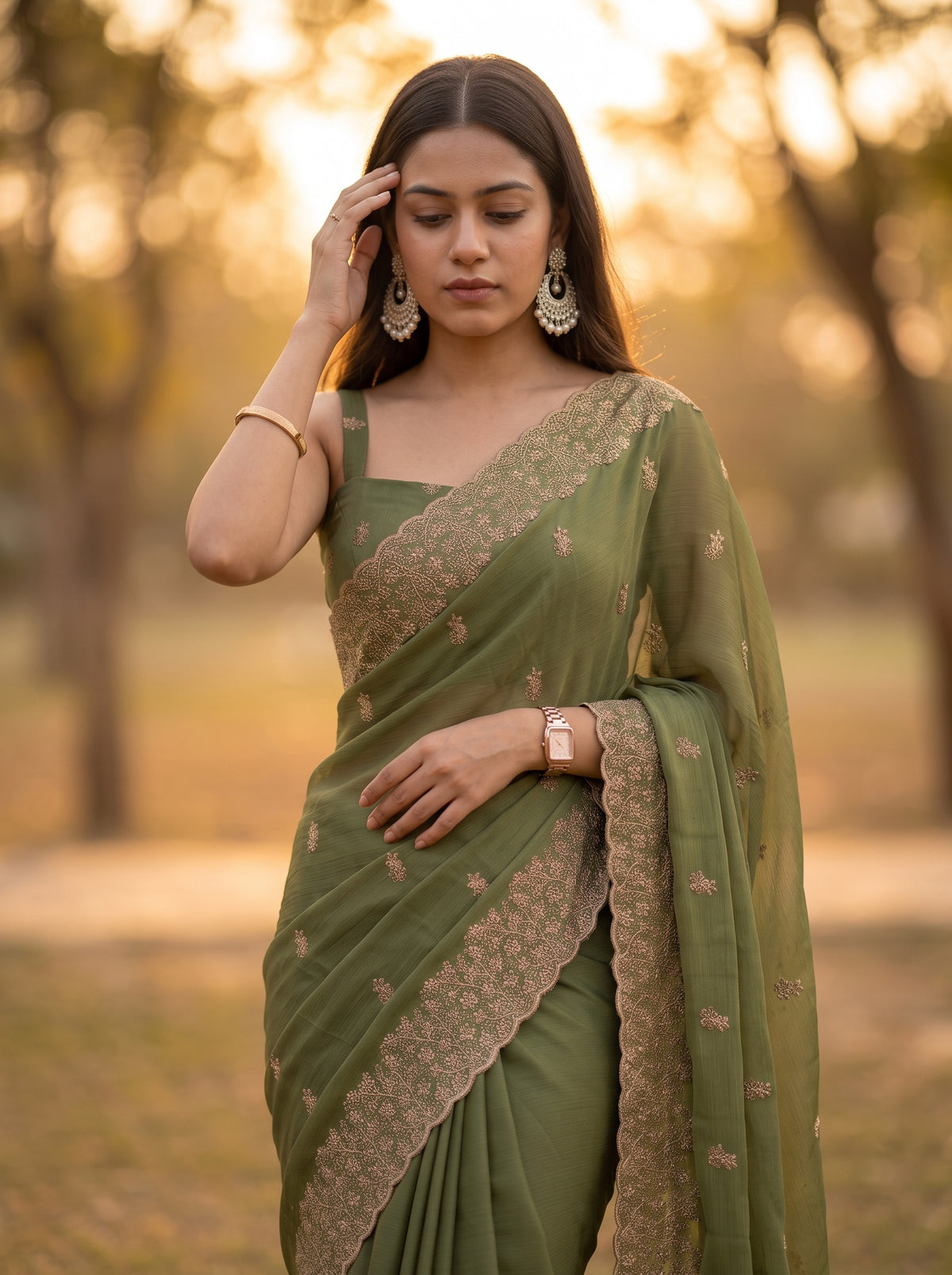 MIMOSA Olive Banarasi Saree — pose 10 styling detail