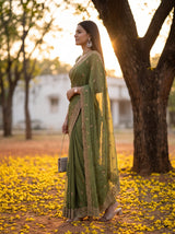 MIMOSA Olive Banarasi Chiffon Saree — Saree shot pallu + body