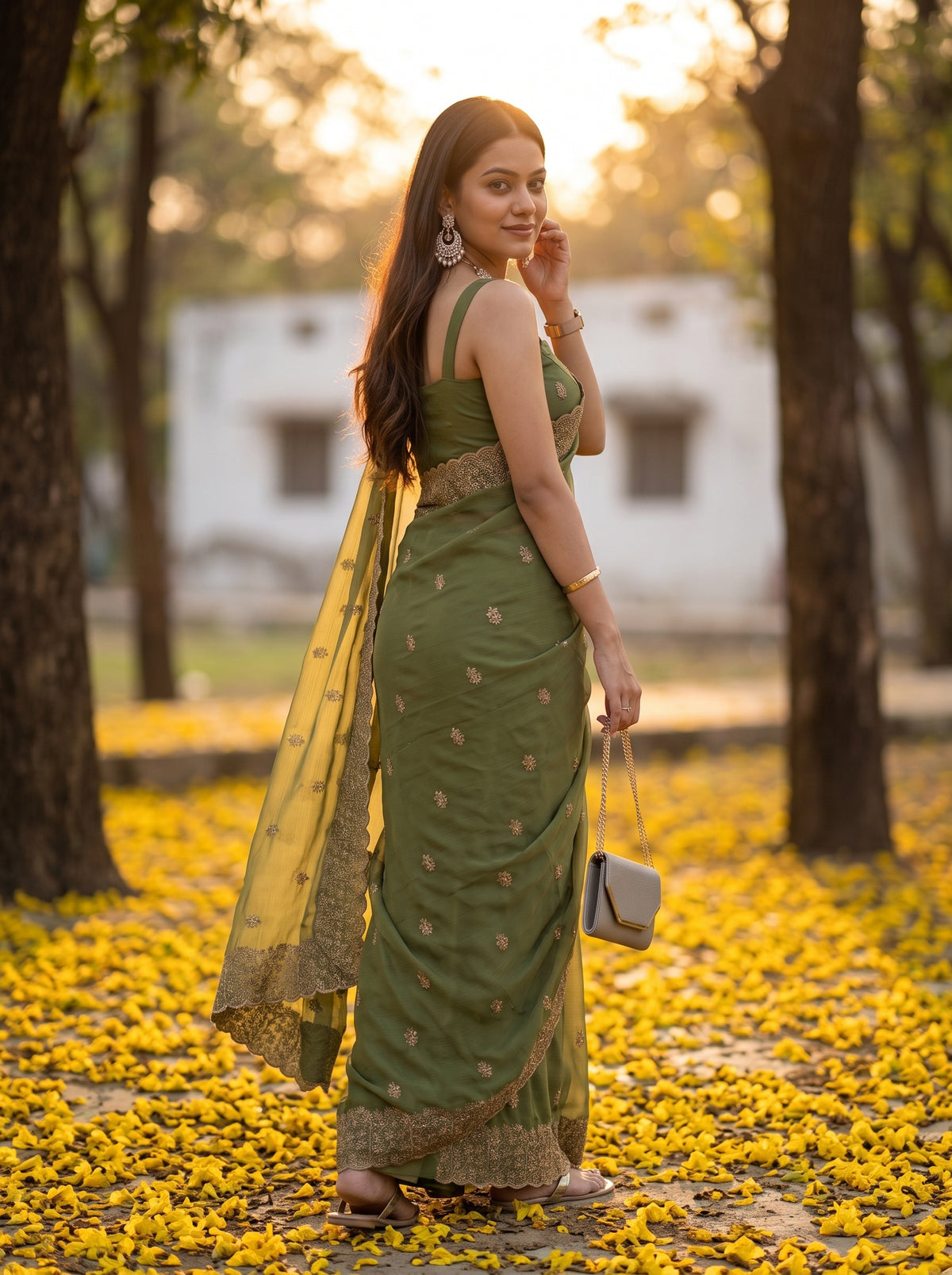 MIMOSA Olive Banarasi Saree — pose 7 styling detail