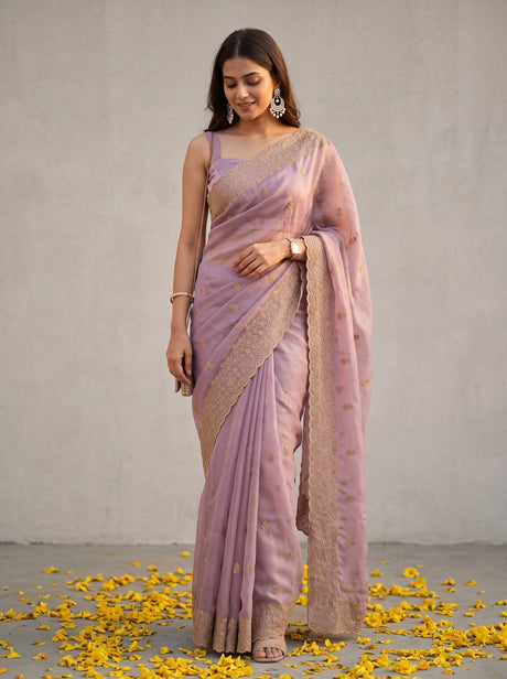 MIMOSA Pink Banarasi Chiffon Saree — AI Model lifestyle pose 1