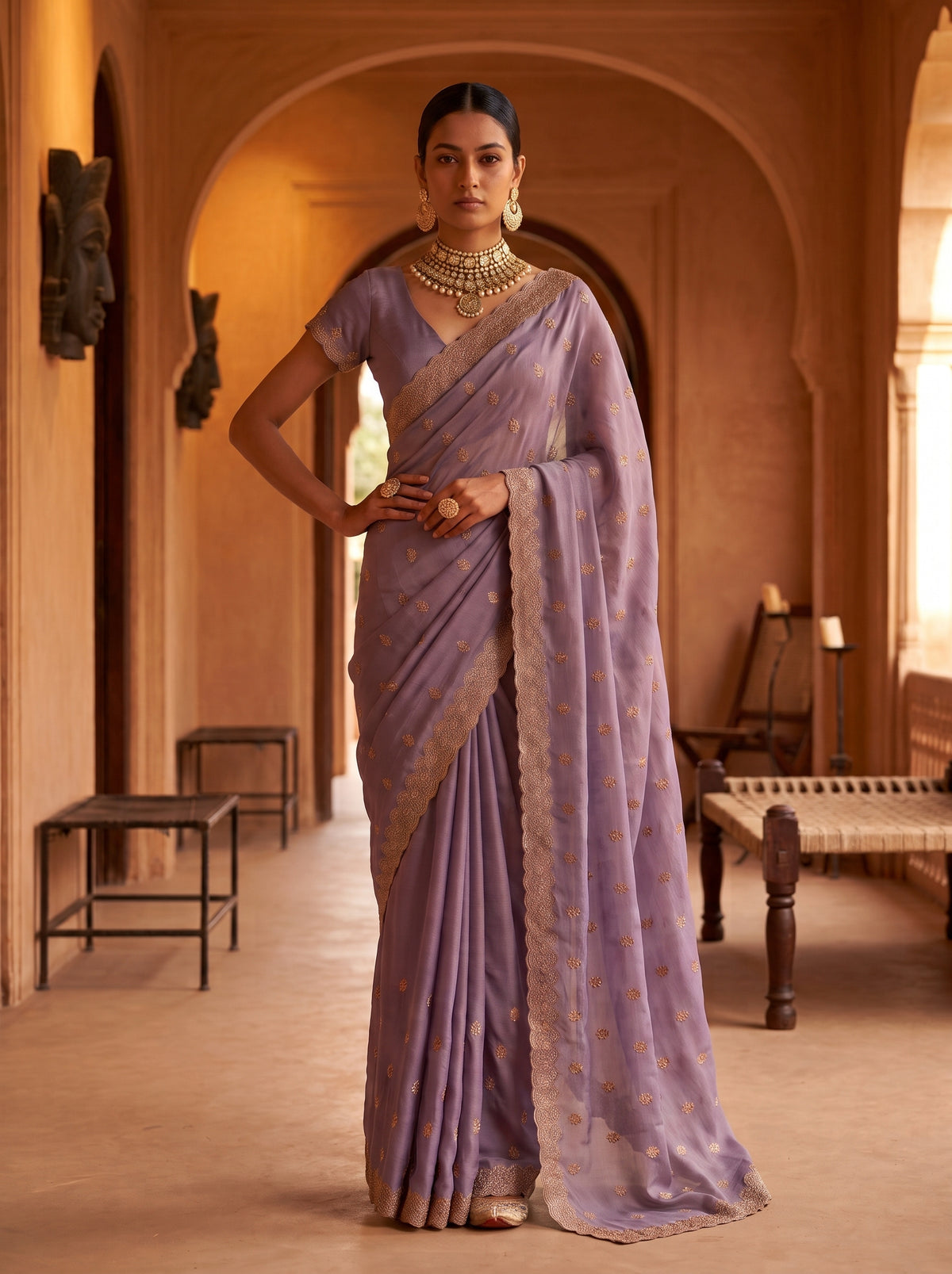MIMOSA Lavender Banarasi Chiffon Saree — pose 4 styling detail