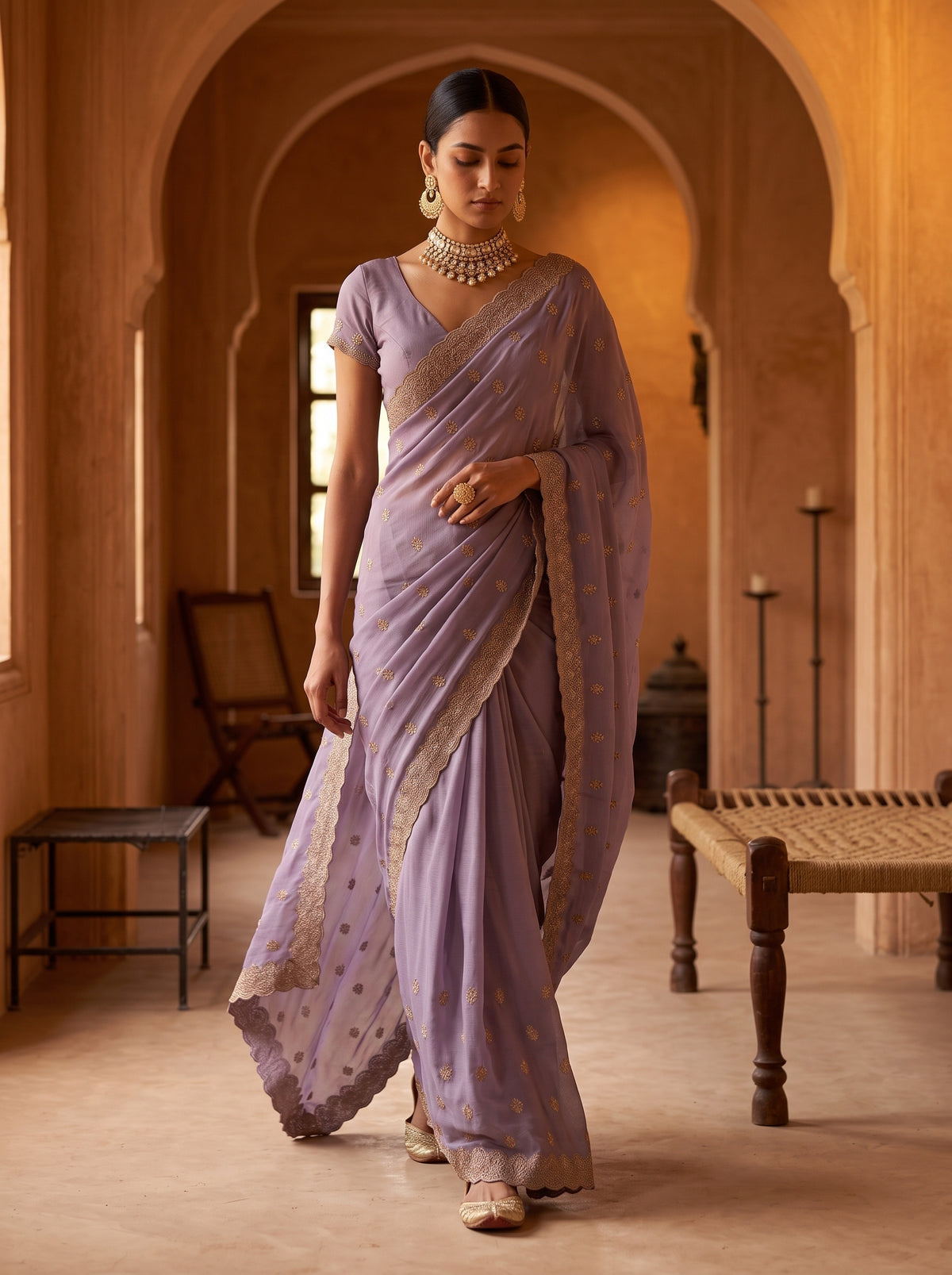 MIMOSA Lavender Banarasi Chiffon Saree — pose 6 styling detail