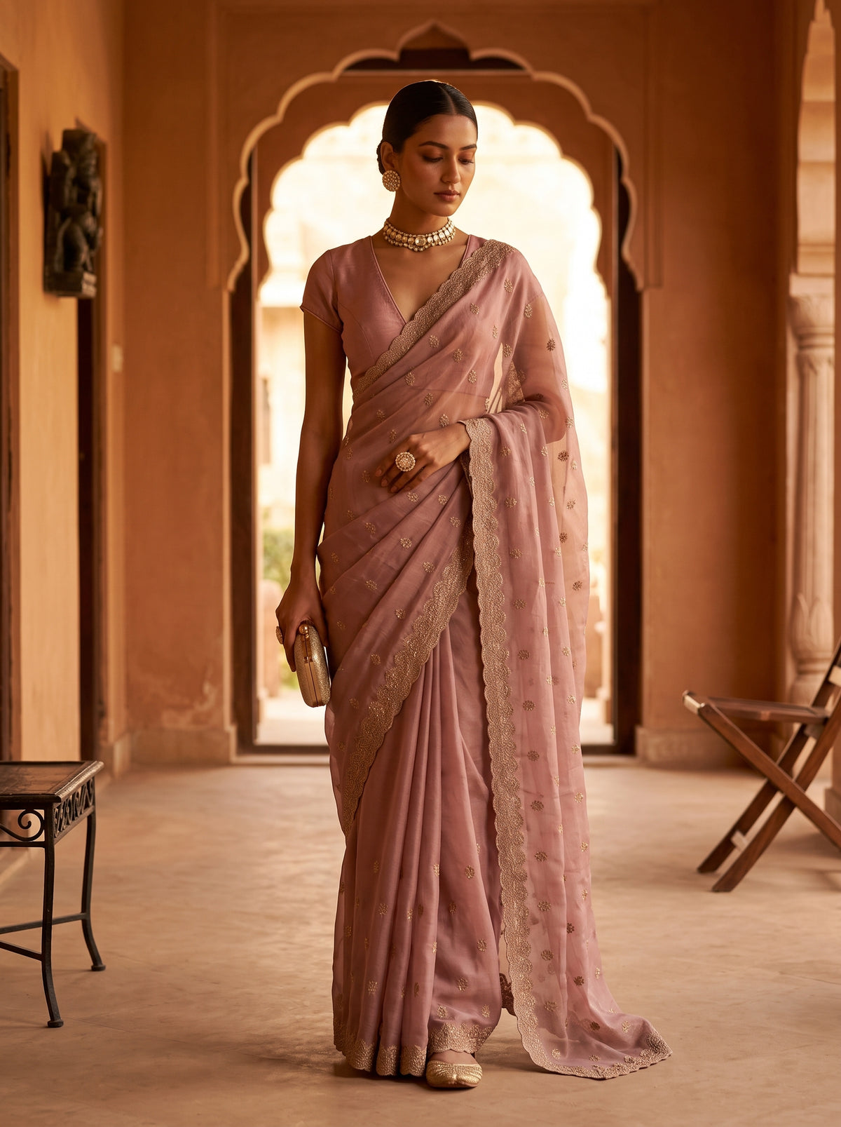 MIMOSA Peach Banarasi Chiffon Saree — Saree Shot