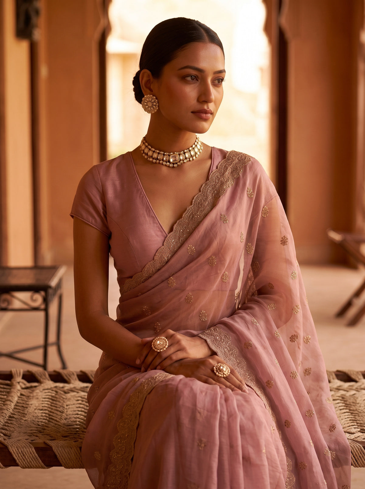 MIMOSA Peach Banarasi Chiffon Saree — pose 10 styling detail